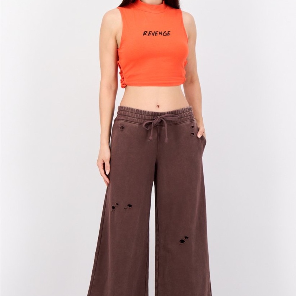 aerie Wide Leg Distressed Pants in Brown
